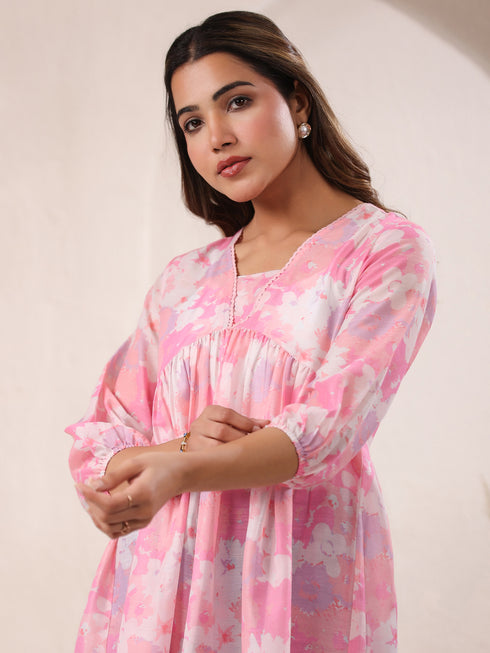 Pink Cotton Blend Floral Printed A-line Tunic